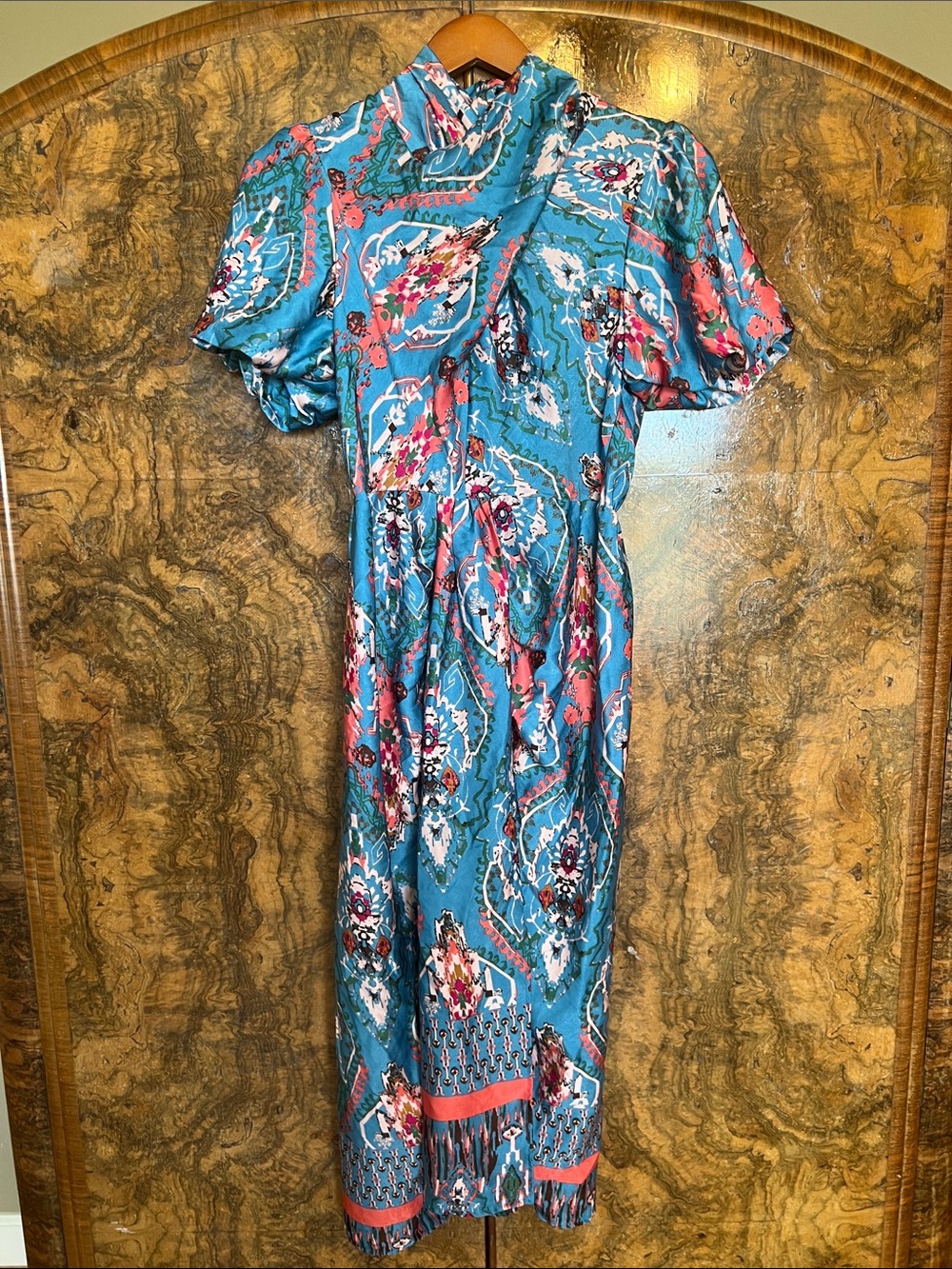 Entro Teal women’s printed dress with wrap collar, small